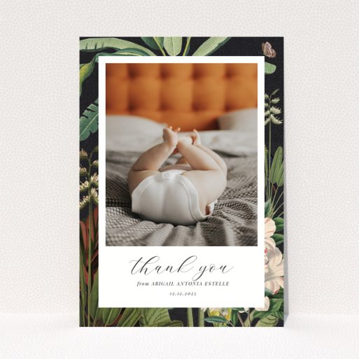 Baby thank you card with floral design and one photo of baby