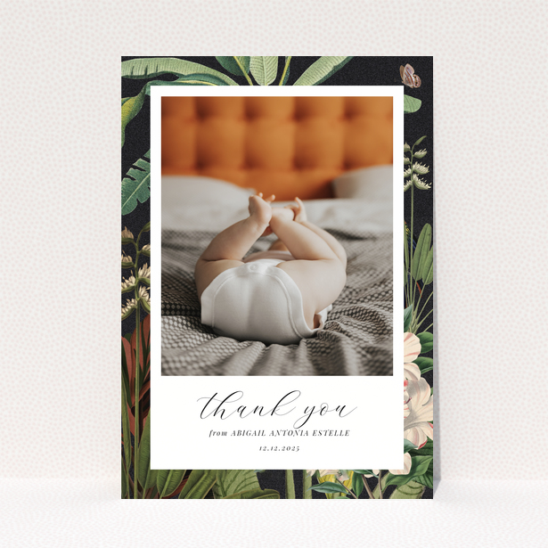 Baby thank you card with floral design and one photo of baby