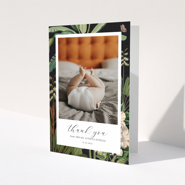 Baby thank you card with floral design and one photo of baby