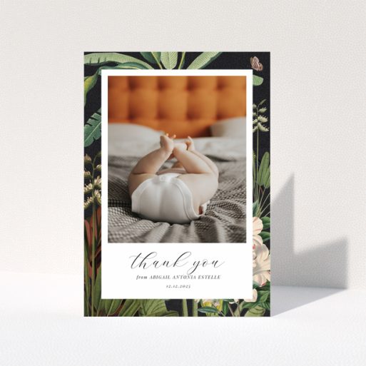 Baby thank you card with floral design and one photo of baby