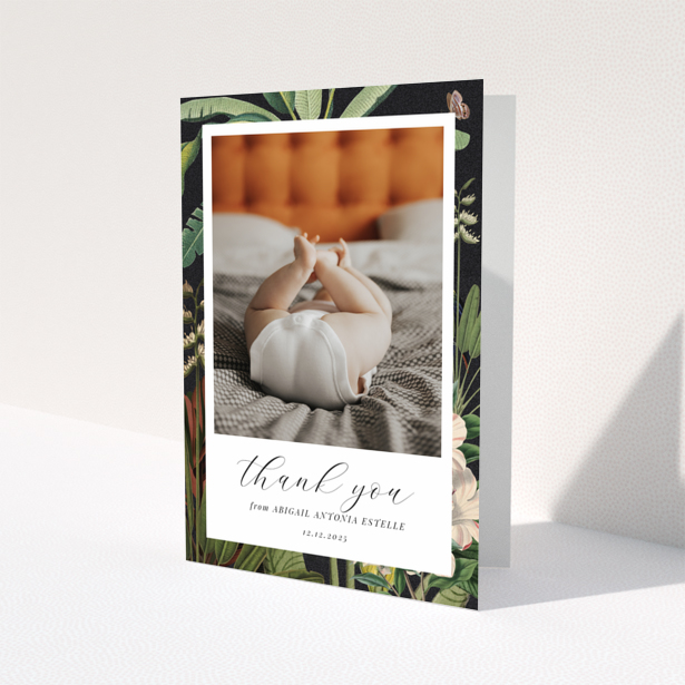 Baby thank you card with floral design and one photo of baby