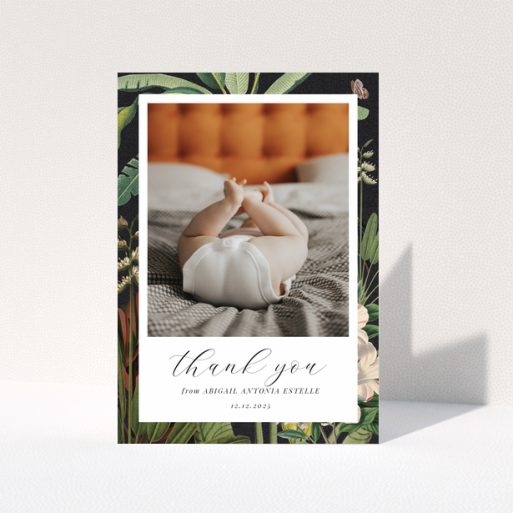 Baby thank you card with floral design and one photo of baby