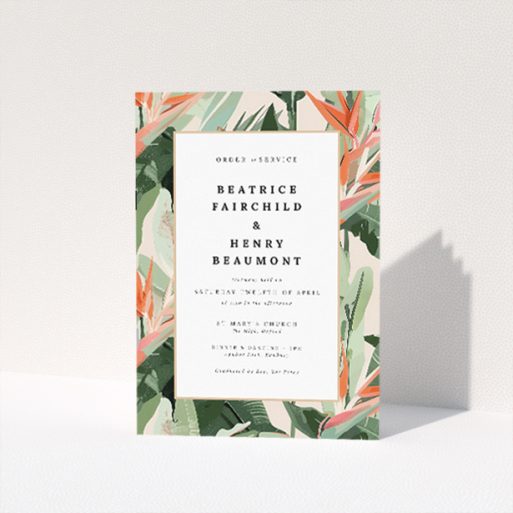 A5 Wedding Order of Service booklet featuring a lush border of tropical leaves in vibrant green, pink, and peach hues, symbolizing growth and vitality, with elegant typography arrangement for wedding details This is a view of the front