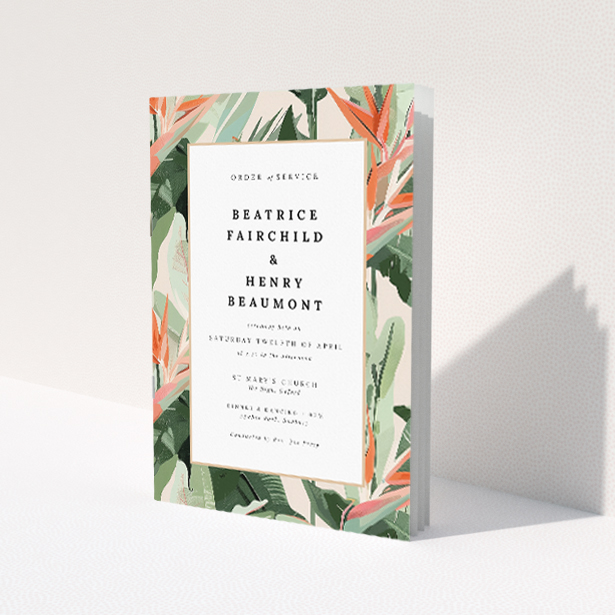 A5 Wedding Order of Service booklet featuring a lush border of tropical leaves in vibrant green, pink, and peach hues, symbolizing growth and vitality, with elegant typography arrangement for wedding details This is a view of the front