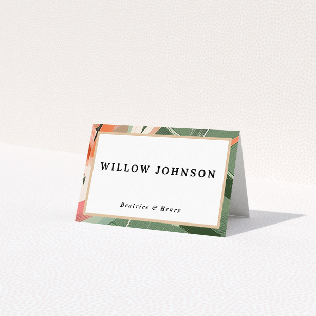 Tropical foliage place cards with vibrant exotic leaves in green, peach, and pink, ideal for wedding stationery suites inspired by lush paradises This is a view of the front