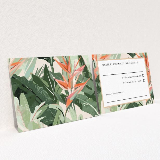 Tropical Foliage RSVP card with vibrant shades of green, peach, and pink foliage against a serene backdrop. This is a view of the back