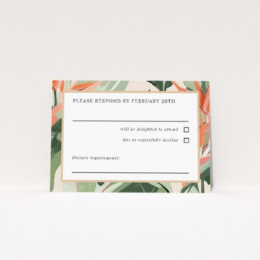 Tropical Foliage RSVP card with vibrant shades of green, peach, and pink foliage against a serene backdrop. This is a view of the front