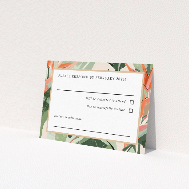 Tropical Foliage RSVP card with vibrant shades of green, peach, and pink foliage against a serene backdrop. This is a view of the front