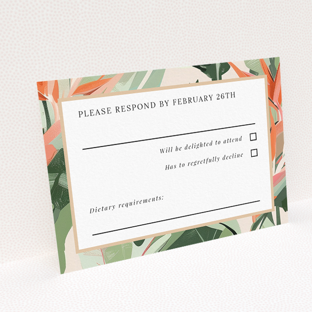 Tropical Foliage RSVP card with vibrant shades of green, peach, and pink foliage against a serene backdrop. This is a view of the back
