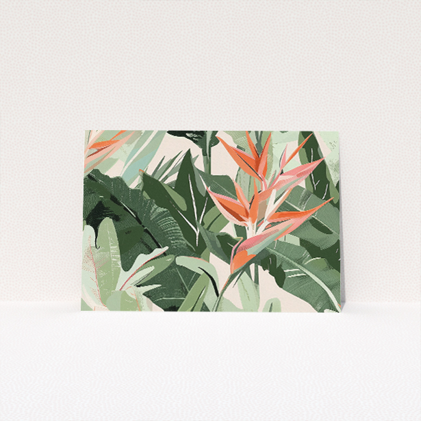 Tropical Foliage RSVP card with vibrant shades of green, peach, and pink foliage against a serene backdrop. This is a view of the back