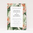 Tropical Foliage wedding invitation with vibrant exotic leaves in shades of green, peach, and pink. This is a view of the front