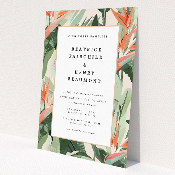 Tropical Foliage wedding invitation with vibrant exotic leaves in shades of green, peach, and pink. This image shows the front and back sides together
