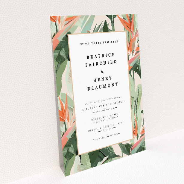 Tropical Foliage wedding invitation with vibrant exotic leaves in shades of green, peach, and pink. This image shows the front and back sides together