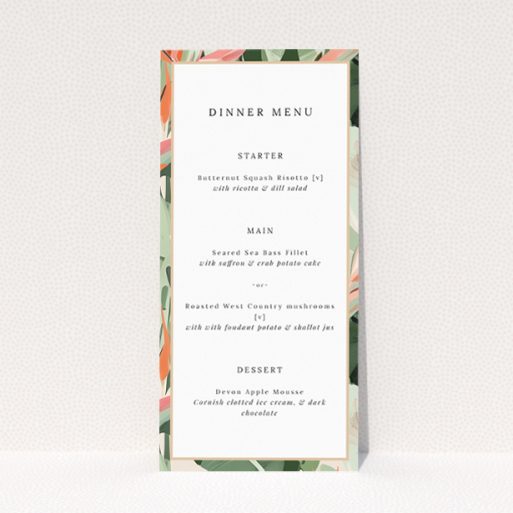 Tropical Foliage Wedding Menu Template - Vibrant green, peach, and pink border framing central details on a pale background, ideal for island-inspired celebrations This is a view of the front