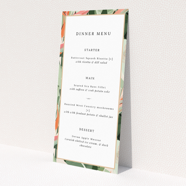 Tropical Foliage Wedding Menu Template - Vibrant green, peach, and pink border framing central details on a pale background, ideal for island-inspired celebrations This is a view of the front