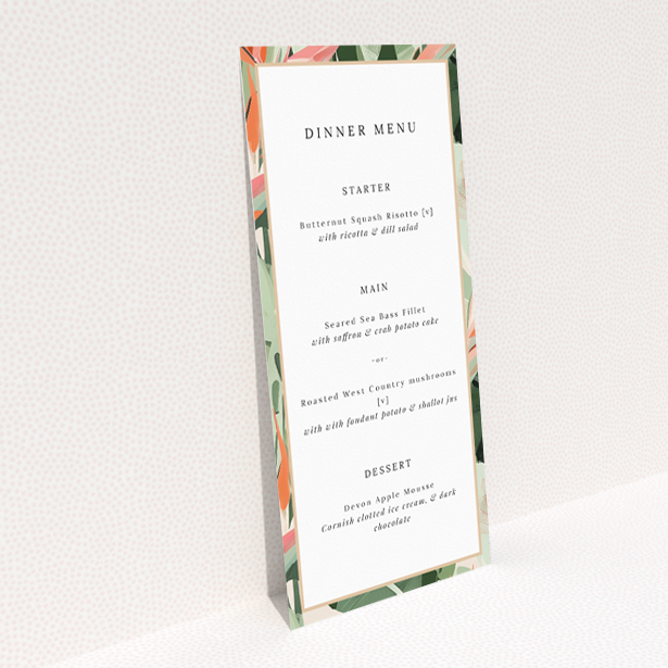 Tropical Foliage Wedding Menu Template - Vibrant green, peach, and pink border framing central details on a pale background, ideal for island-inspired celebrations This is a view of the back