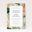 Tropical Foliage Wedding Save the Date Card - Stylised greenery with hints of pink bordering a central white panel. Portrait orientation for clean, uncluttered space This is a view of the front