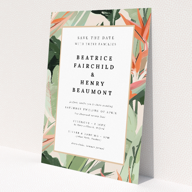Tropical Foliage Wedding Save the Date Card - Stylised greenery with hints of pink bordering a central white panel. Portrait orientation for clean, uncluttered space This is a view of the front