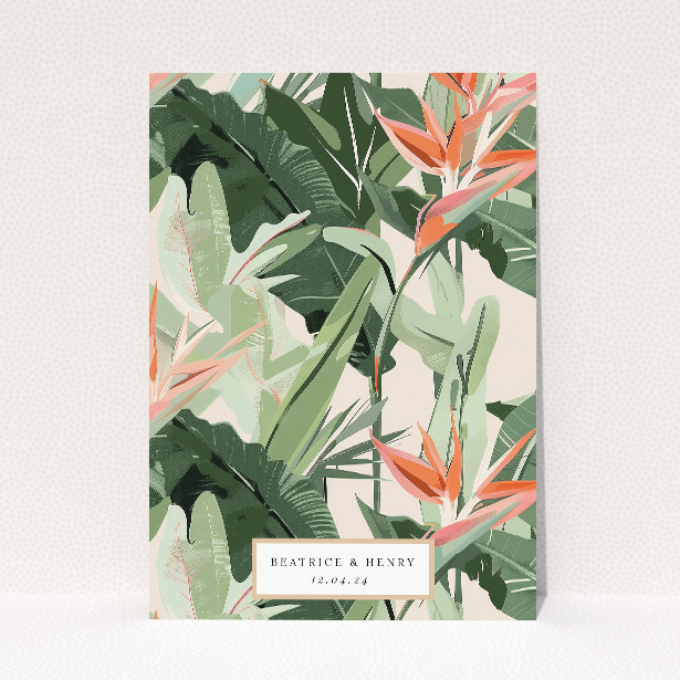 Tropical Foliage Wedding Save the Date Card - Stylised greenery with hints of pink bordering a central white panel. Portrait orientation for clean, uncluttered space This is a view of the back