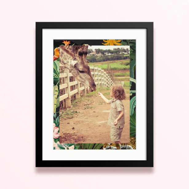 Framed and mounted photo print featuring a child feeding a giraffe.