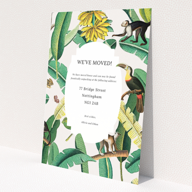 Colourful botanical-themed change of address card featuring two photos of tropical animals.