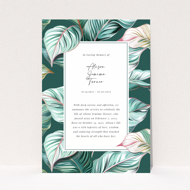 Floral funeral announcement card with no photos