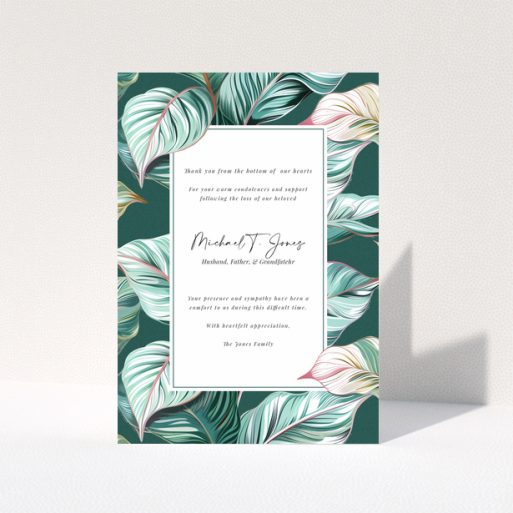 Funeral thank you card with floral border and one photo.