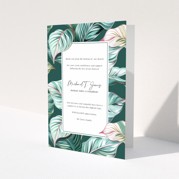 Funeral thank you card with floral border and one photo.