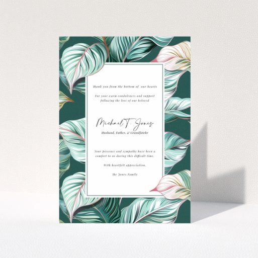 Funeral thank you card with floral border and one photo.