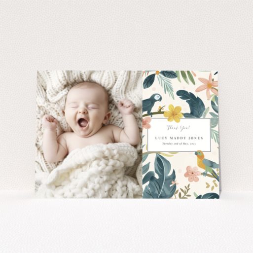 Baby thank you card with one photo of a baby on the left and floral design on the right