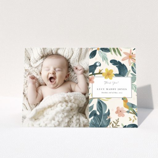 Baby thank you card with one photo of a baby on the left and floral design on the right