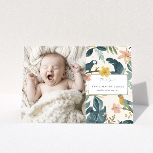 Baby thank you card with one photo of a baby on the left and floral design on the right