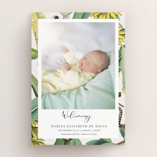 Floral-themed birth announcement card design featuring one photo of a newborn baby.