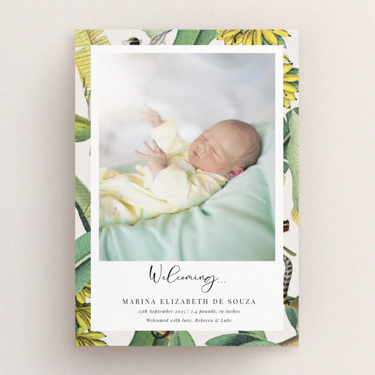Floral-themed birth announcement card design featuring one photo of a newborn baby.