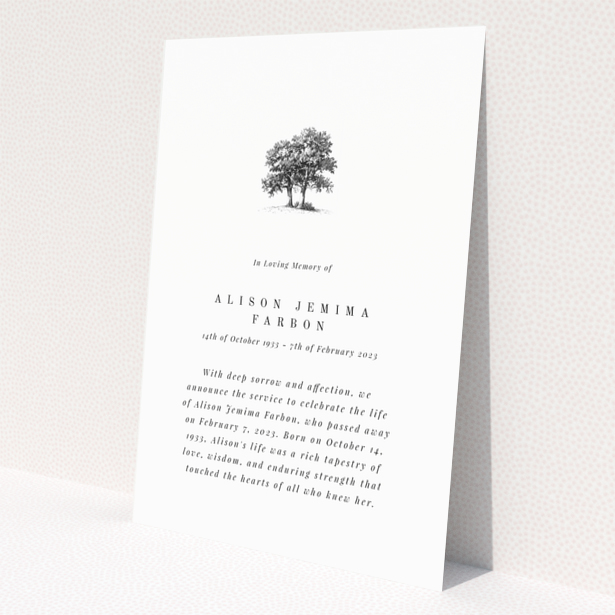 Funeral announcement design with one tree illustration.