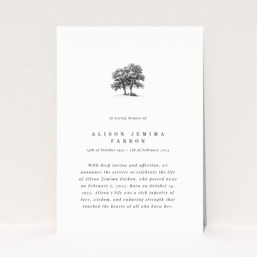 Funeral announcement design with one tree illustration.