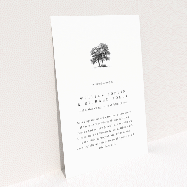Funeral announcement design with one tree illustration.