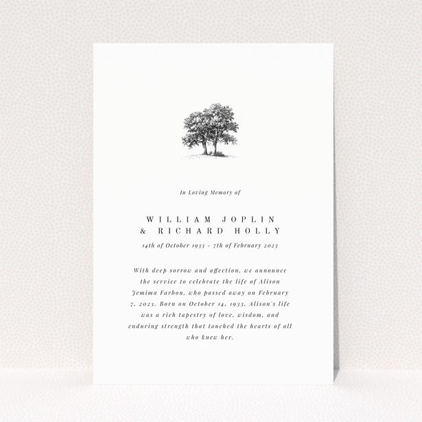 Funeral announcement design with one tree illustration.
