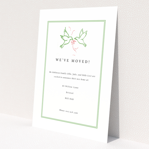 Change of address card with green border and dove illustration; one photo