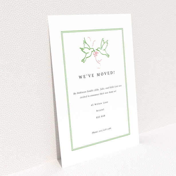 Change of address card with green border and dove illustration; one photo