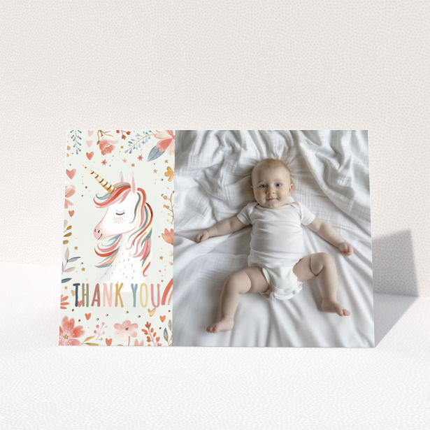 Baby thank you card with unicorn design and baby photo