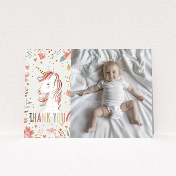 Baby thank you card with unicorn design and baby photo