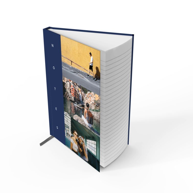 Blue notebook cover design with three photos on the right side, ideal for personalised printing by Utterly Printable.