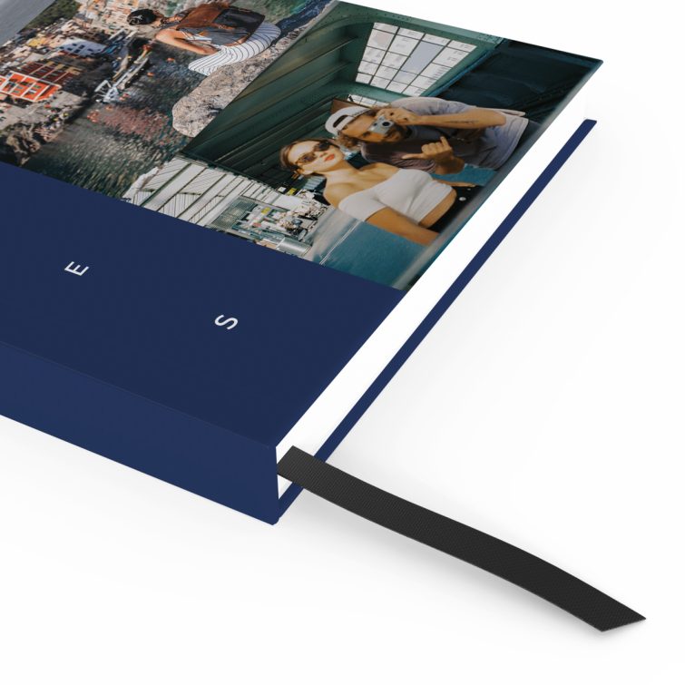 Blue notebook cover design with three photos on the right side, ideal for personalised printing by Utterly Printable.