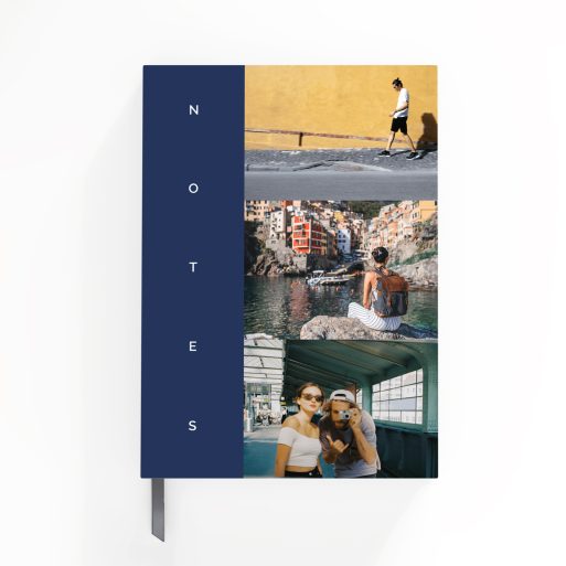 Blue notebook cover design with three photos on the right side, ideal for personalised printing by Utterly Printable.