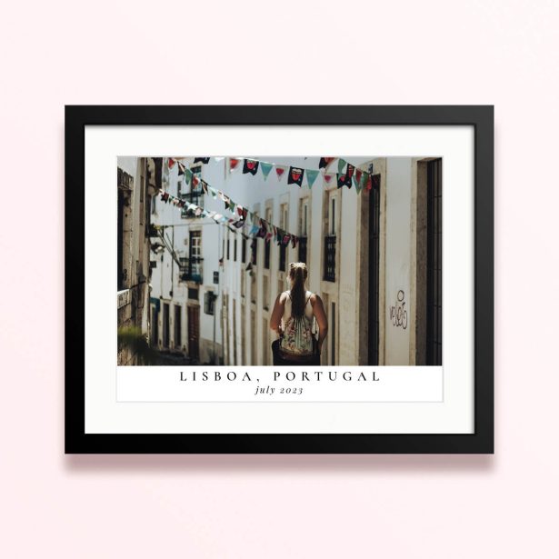 Framed and mounted photo print featuring one image of a person walking in Lisboa, Portugal, July 2023