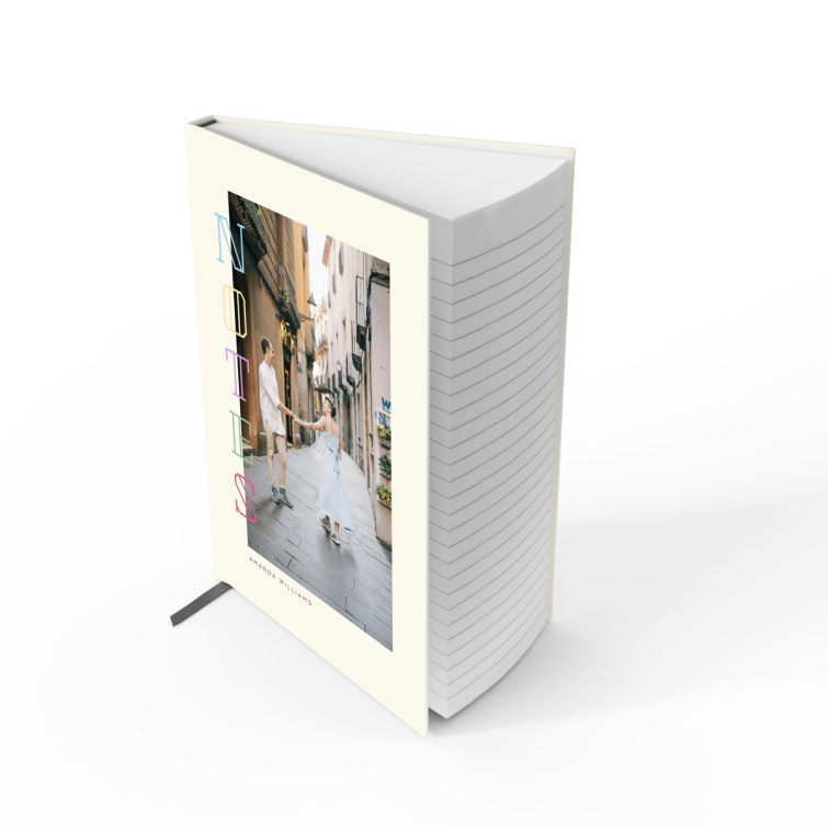 Portrait-oriented personalised notebook cover design with one photo on the front featuring modern typography.