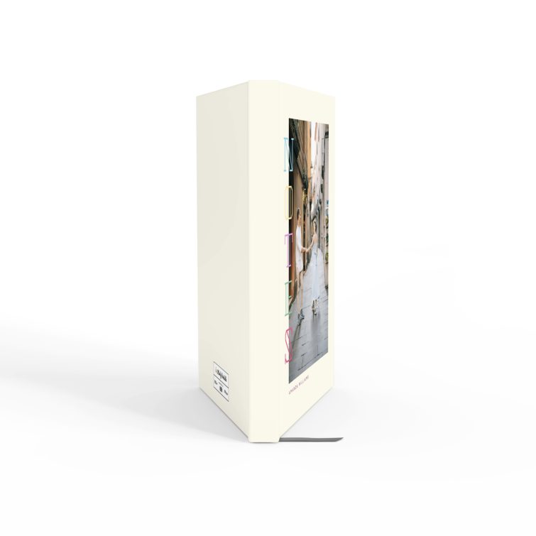 Portrait-oriented personalised notebook cover design with one photo on the front featuring modern typography.