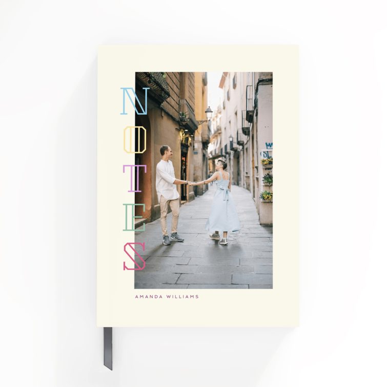 Portrait-oriented personalised notebook cover design with one photo on the front featuring modern typography.