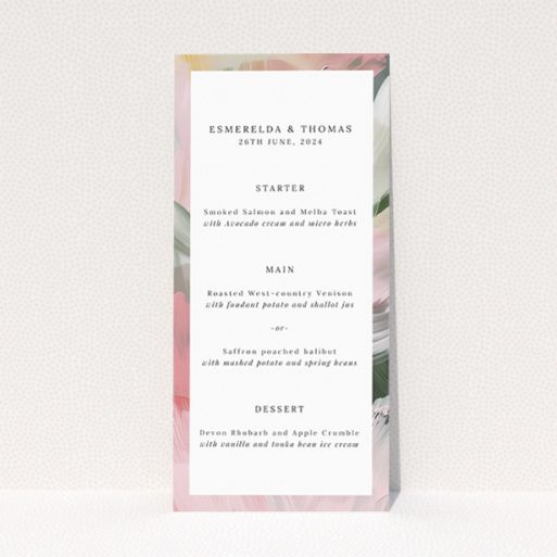 Artistic Academy Brushwork Wedding Menu Design with Soft Pastel Brushstrokes and Sleek Black Borders. This is a view of the front